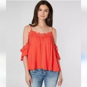 MISS ME Off the Shoulder Embroidered XS Blouse‎ Salmon Sexy Cowgirl Y2K Beach